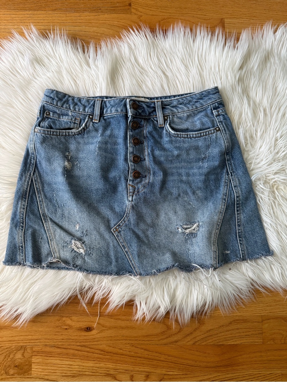 We The Free Button-Front Distressed Denim Mini Skirt - Light Blue